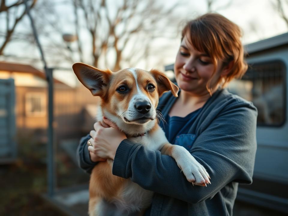 Bénévole tenant un chien recueilli dans un refuge animalier
