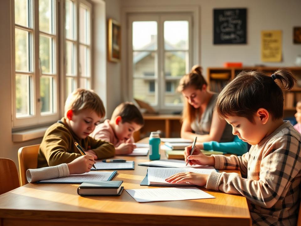 Enfants travaillant avec une bénévole lors d'un accompagnement scolaire