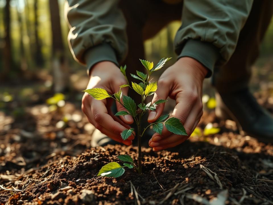 Bénévole plantant un jeune arbre dans une forêt française