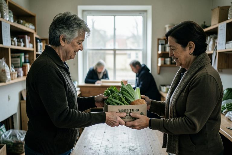 Bénévole remettant un panier alimentaire dans une épicerie solidaire