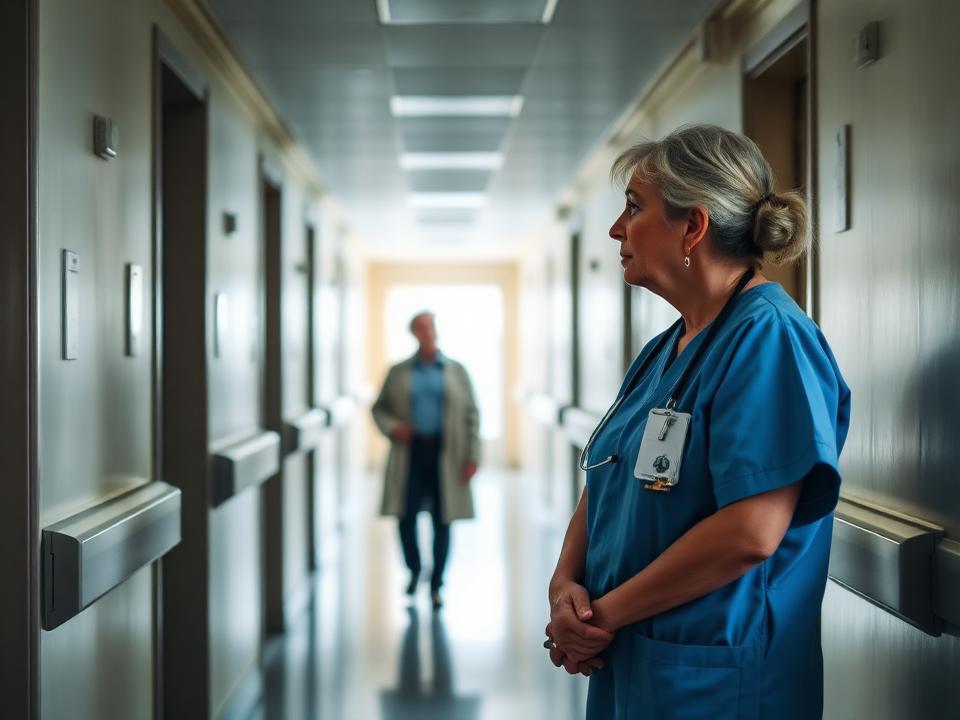 Infirmière échangeant avec un patient dans un couloir d'hôpital