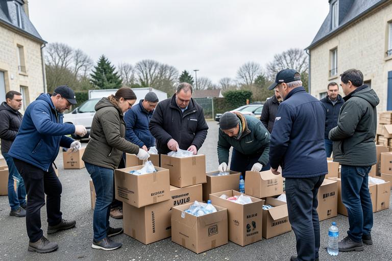 Bénévoles préparant ensemble des colis d'aide humanitaire