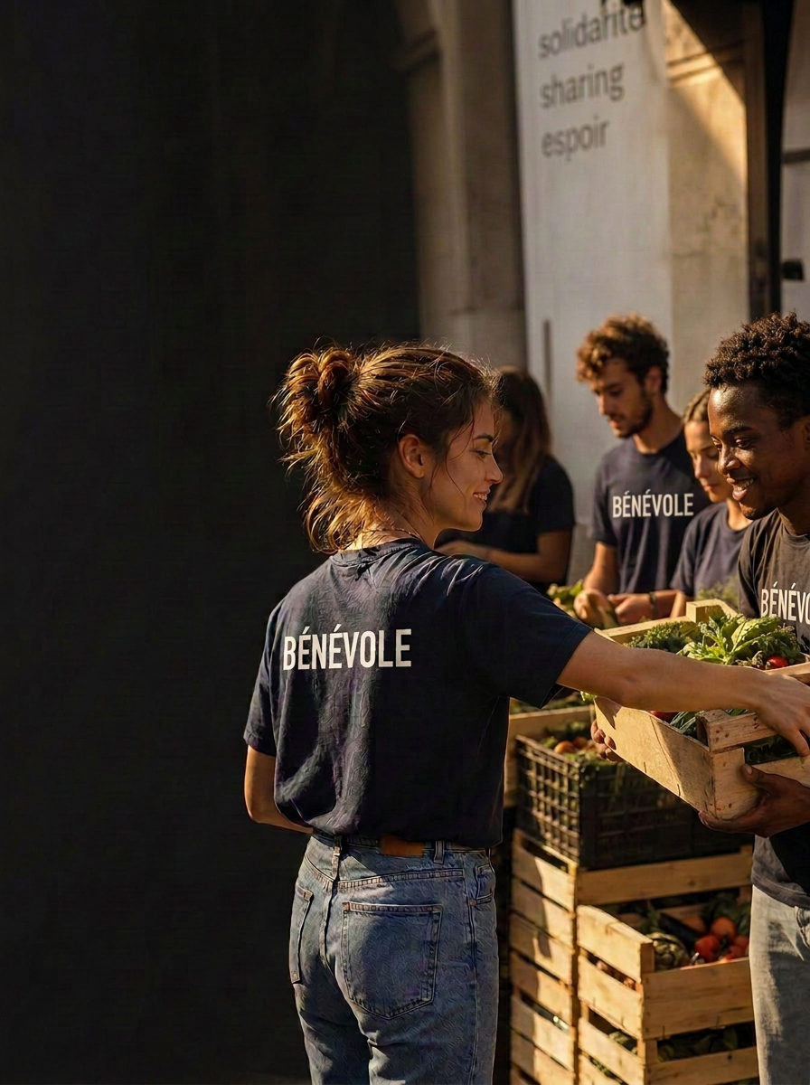 Groupe de jeunes bénévoles distribuant ensemble des paniers de produits frais en France